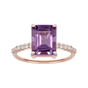 10k Rose Gold Emerald-Cut Amethyst and White Topaz Ring