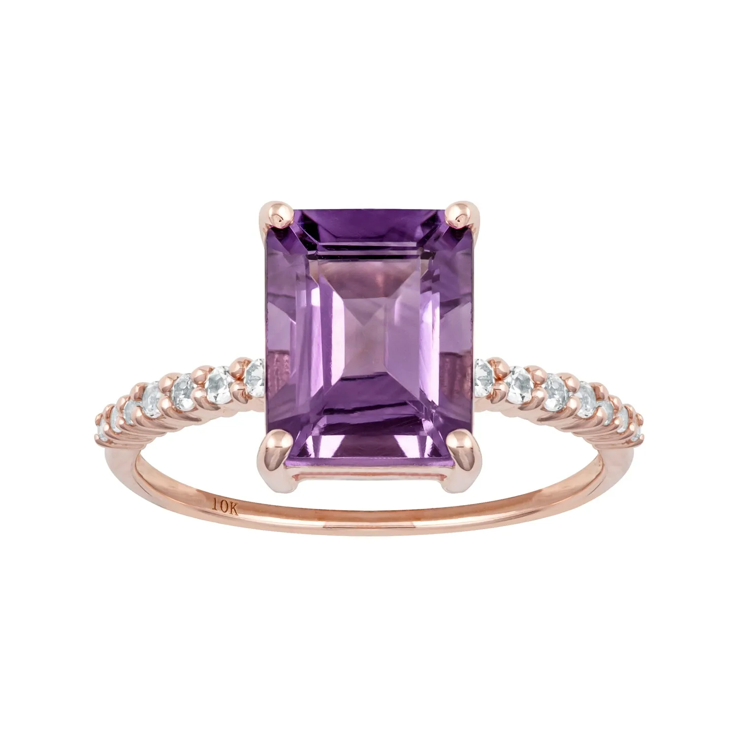 10k Rose Gold Emerald-Cut Amethyst and White Topaz Ring