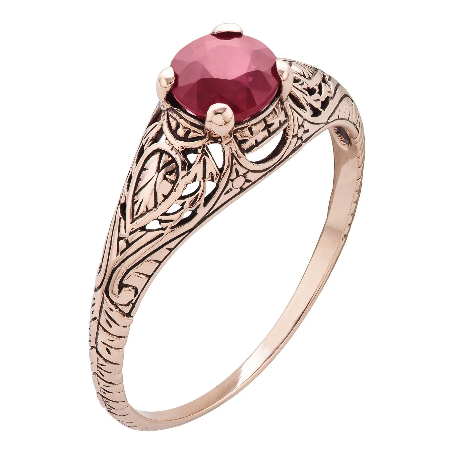 10k Rose Gold Vintage Style Genuine Round Ruby Scroll Ring