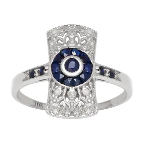 10k White Gold Antique Vintage Style Genuine Sapphire and Diamond Ring
