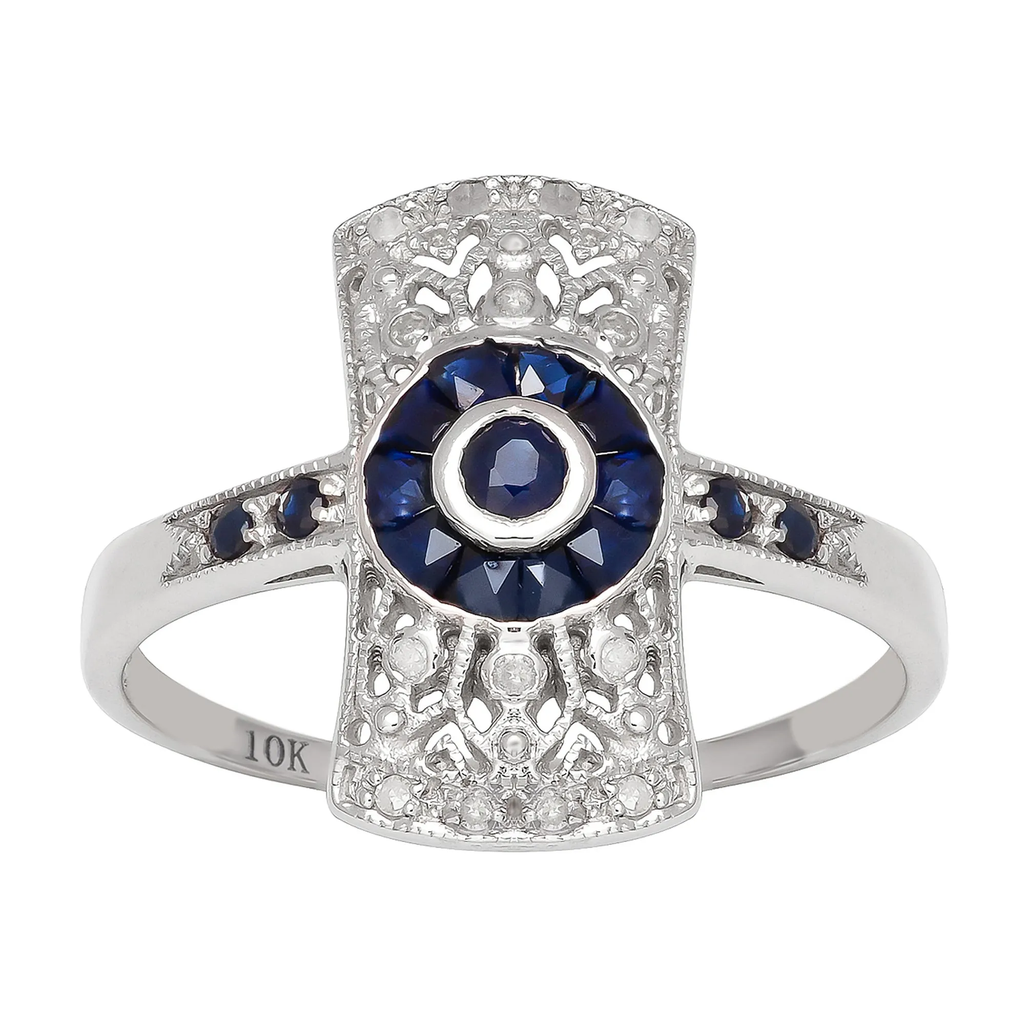 10k White Gold Antique Vintage Style Genuine Sapphire and Diamond Ring