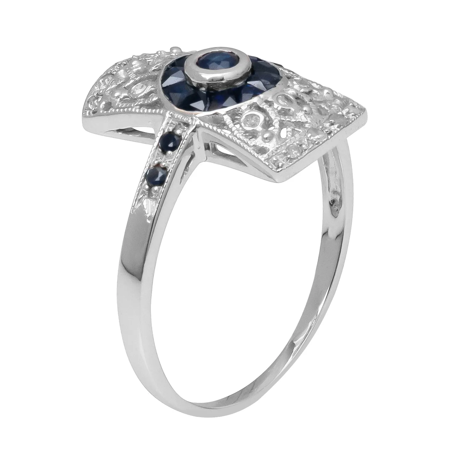 10k White Gold Antique Vintage Style Genuine Sapphire and Diamond Ring