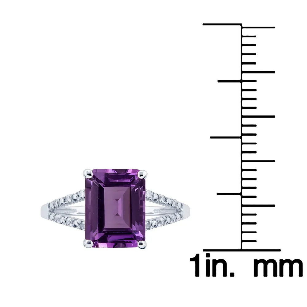 10k White Gold Genuine Emerald-Shape Amethyst and Split-Shank Diamond Ring