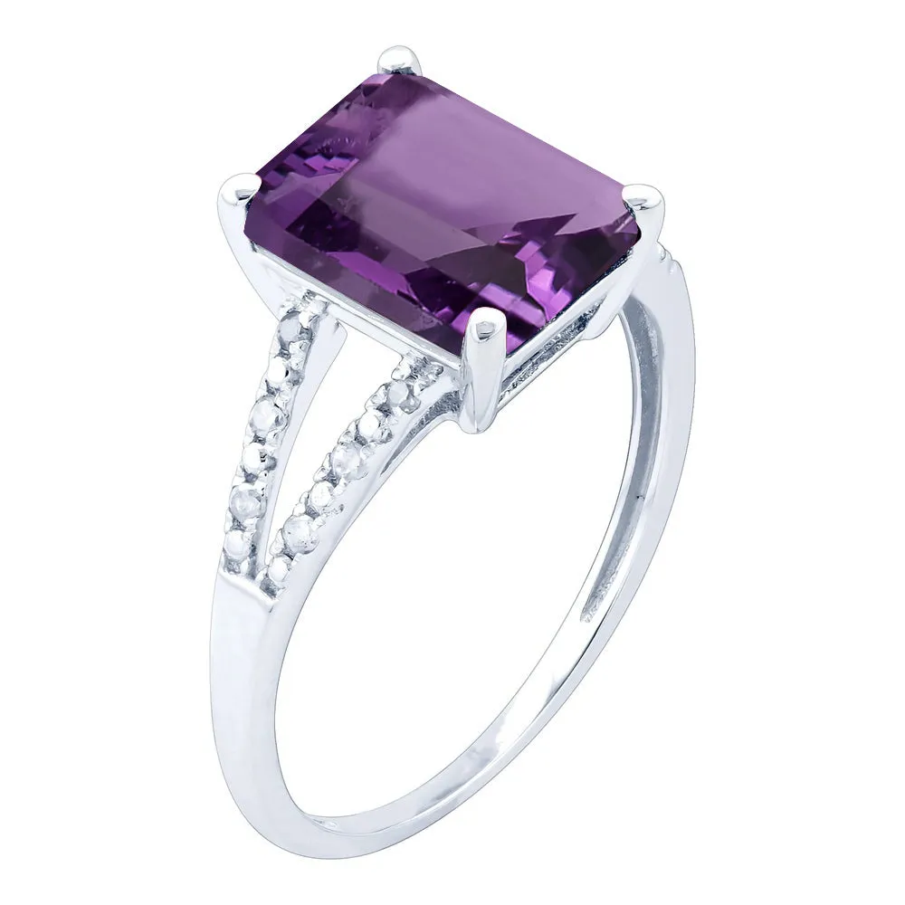 10k White Gold Genuine Emerald-Shape Amethyst and Split-Shank Diamond Ring