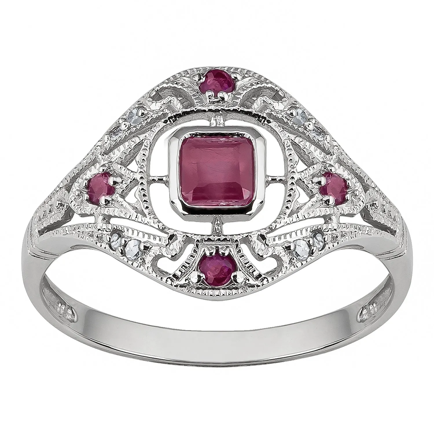 10k White Gold Vintage Style Genuine Ruby and Diamond Ring