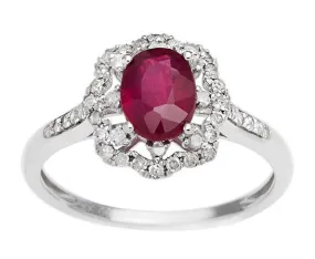 10k White Gold Vintage Style Oval Ruby and Halo Diamond Ring
