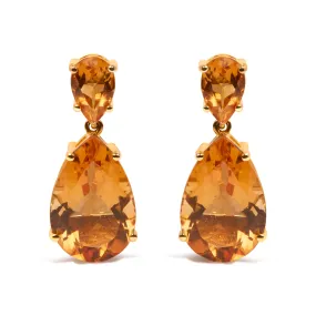 10K Yellow Gold Plated .925 Sterling Silver 12 1/3 Cttw Pear Shaped Orange Citrine Dangle Double Drop Stud Earring