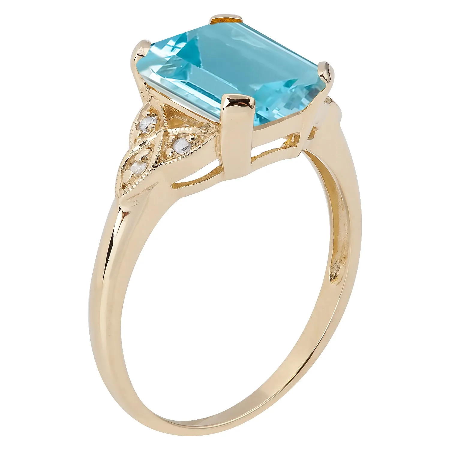 10k Yellow Gold Vintage Style Genuine Emerald-Cut Blue Topaz and Diamond Ring