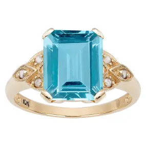 10k Yellow Gold Vintage Style Genuine Emerald-Cut Blue Topaz and Diamond Ring