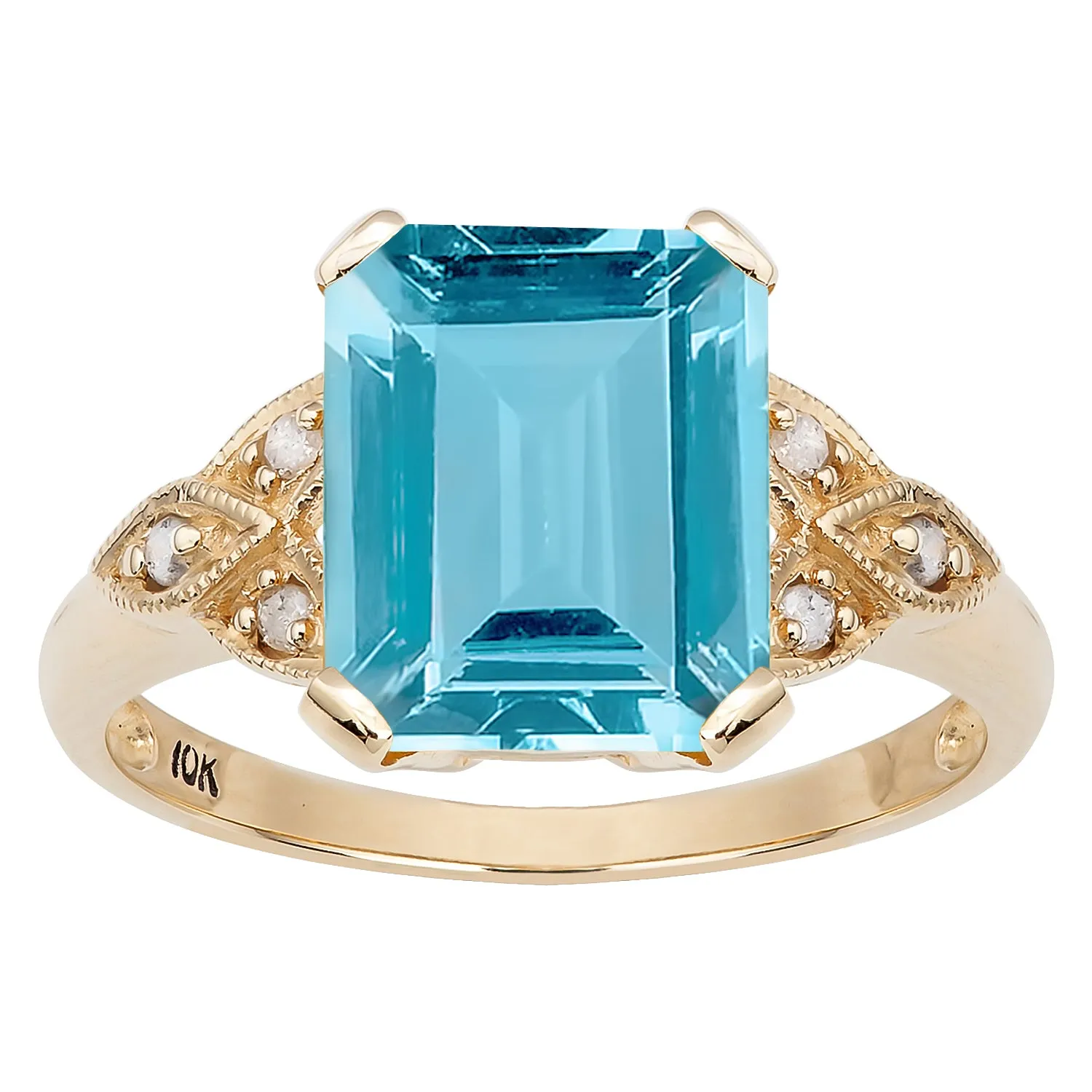 10k Yellow Gold Vintage Style Genuine Emerald-Cut Blue Topaz and Diamond Ring