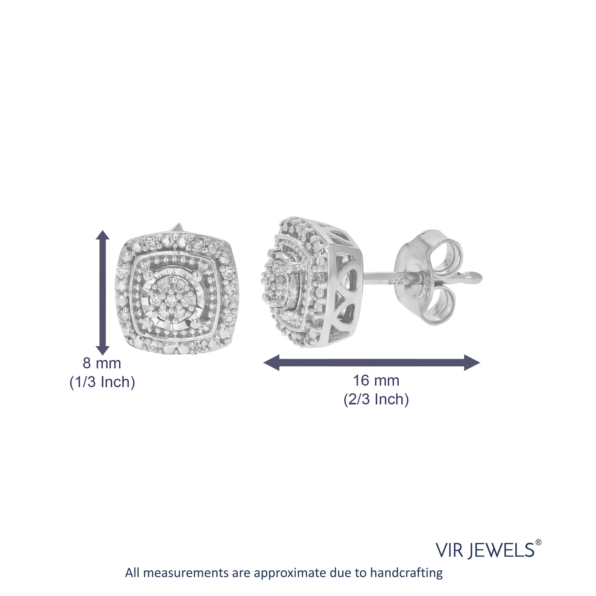 1/10 cttw Round Lab Grown Diamond Stud Square Earrings Made with 925 Sterling Silver Prong Set, 2/3 Inch