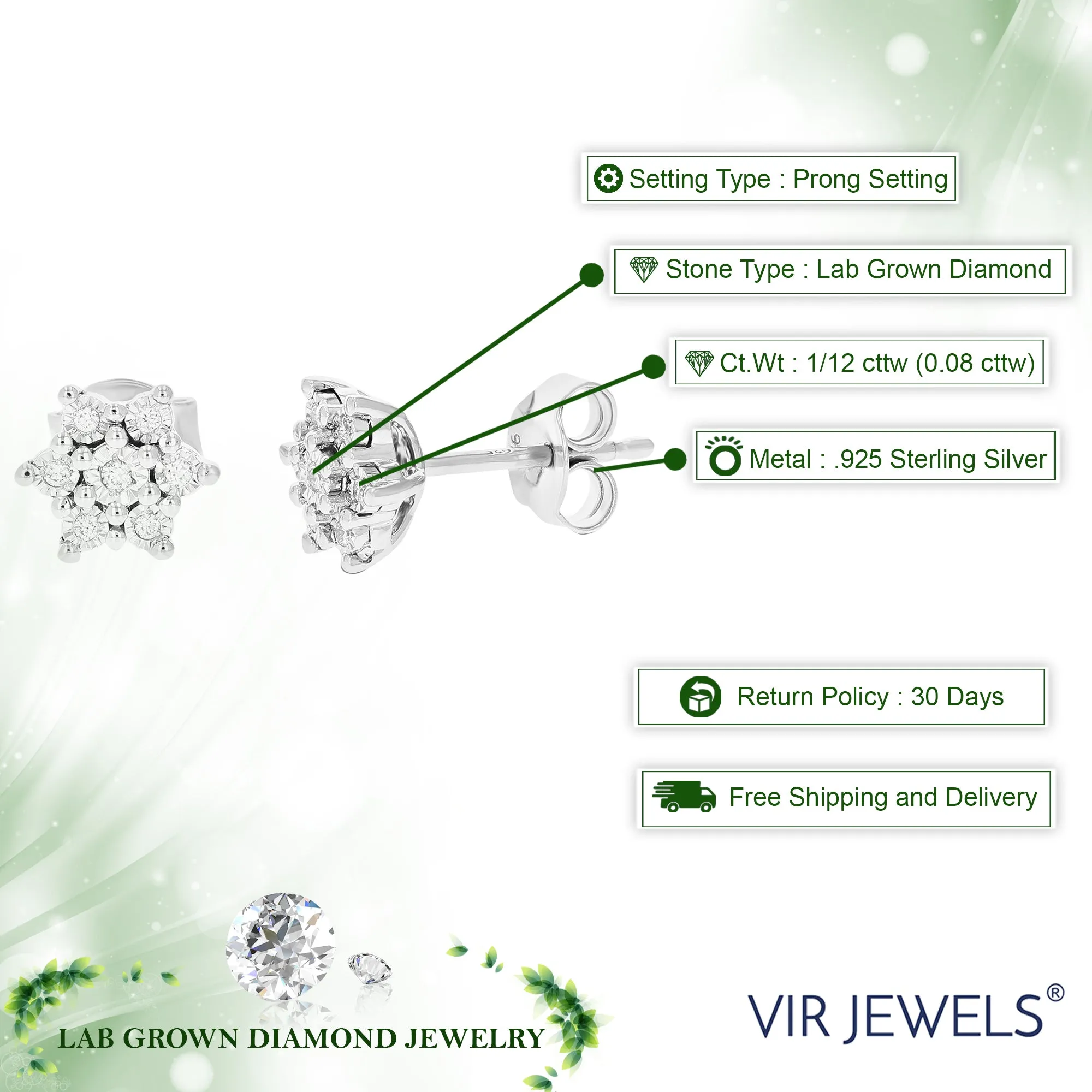 1/12 cttw Round Lab Grown Diamond Studs Earrings .925 Sterling Silver Prong Set Star Shape