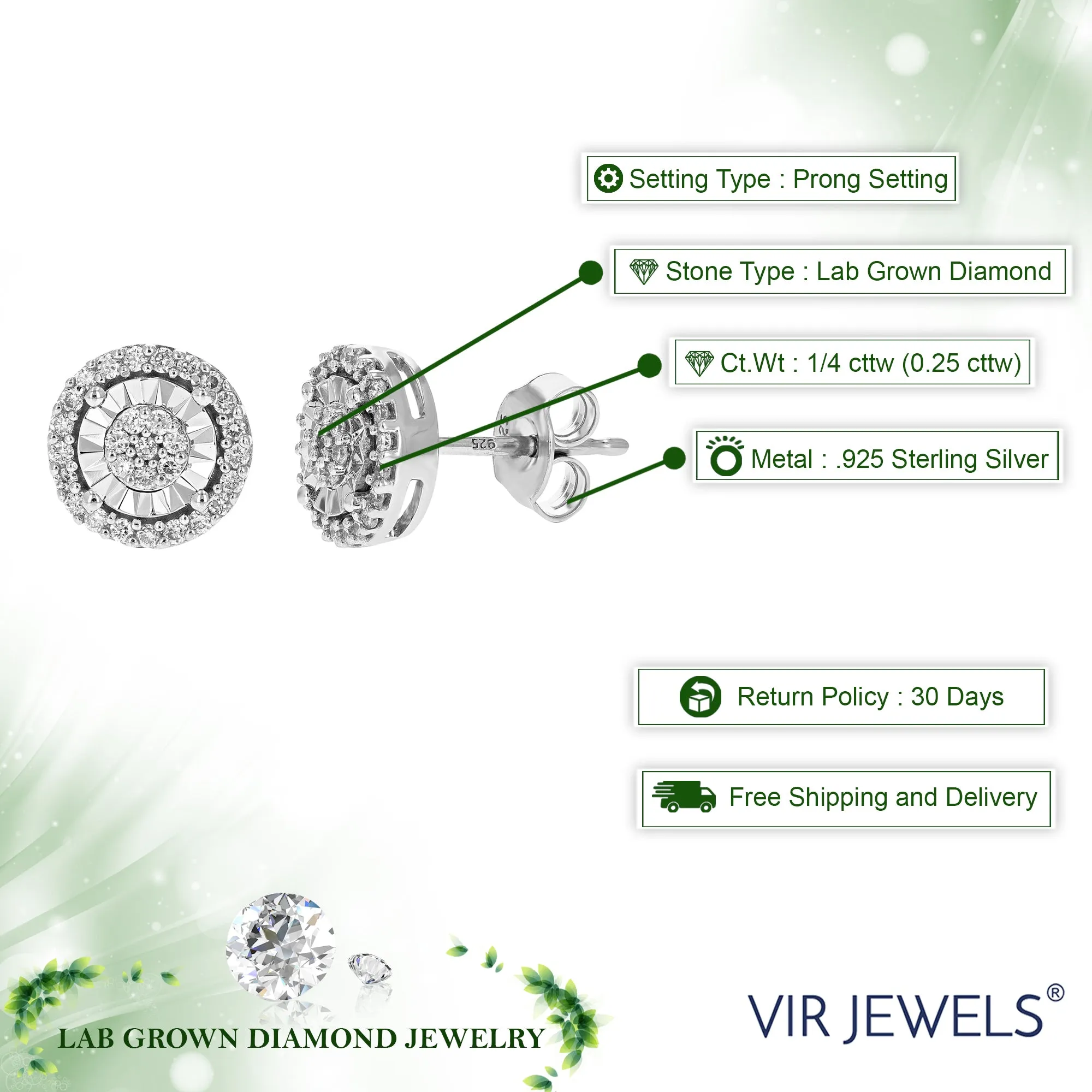 1/4 cttw Round Lab Grown Diamond Stud Earrings .925 Sterling Silver Prong Settings Push Backs