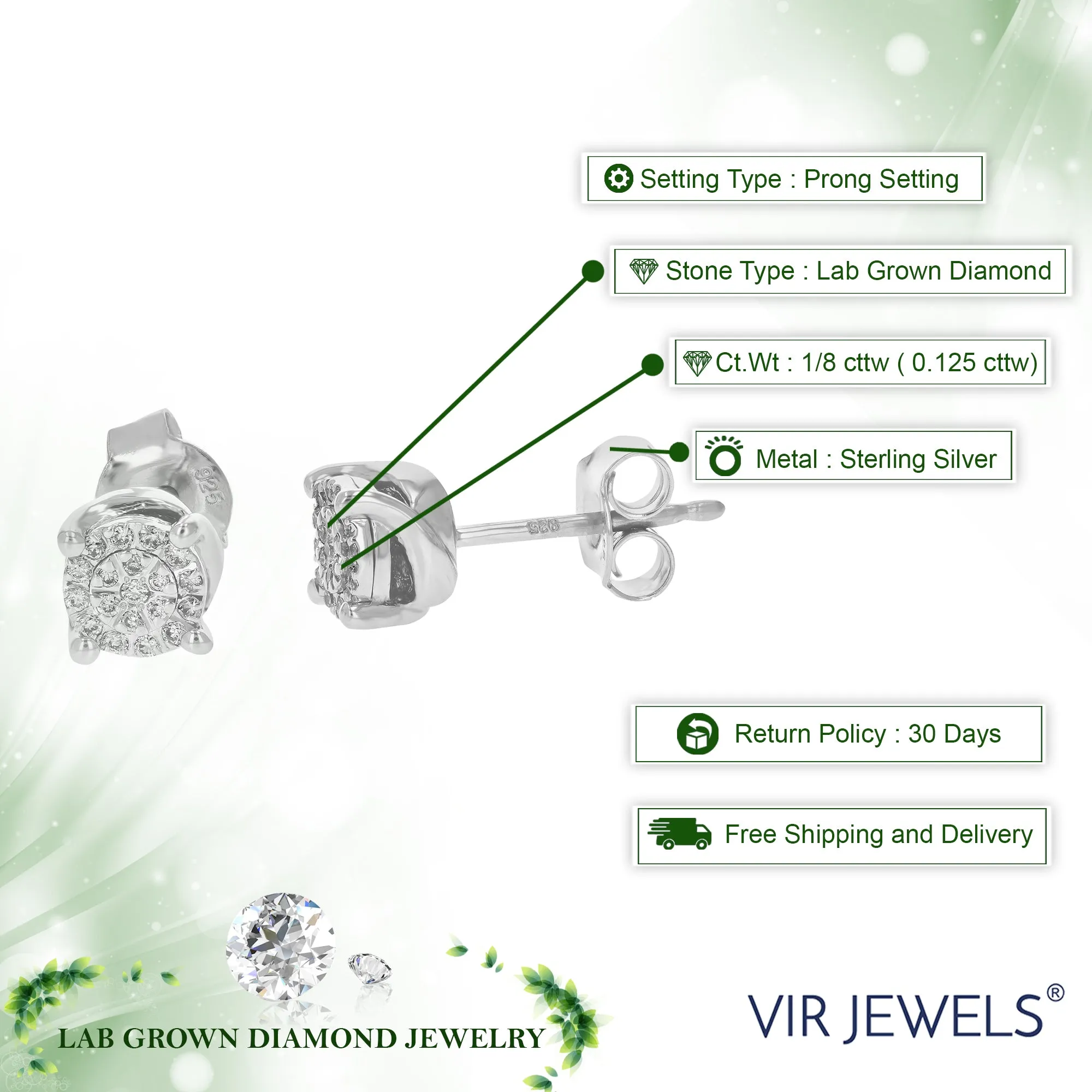 1/8 cttw Round Cut Lab Grown Diamonds Stud Earrings .925 Sterling Silver Prong Setting