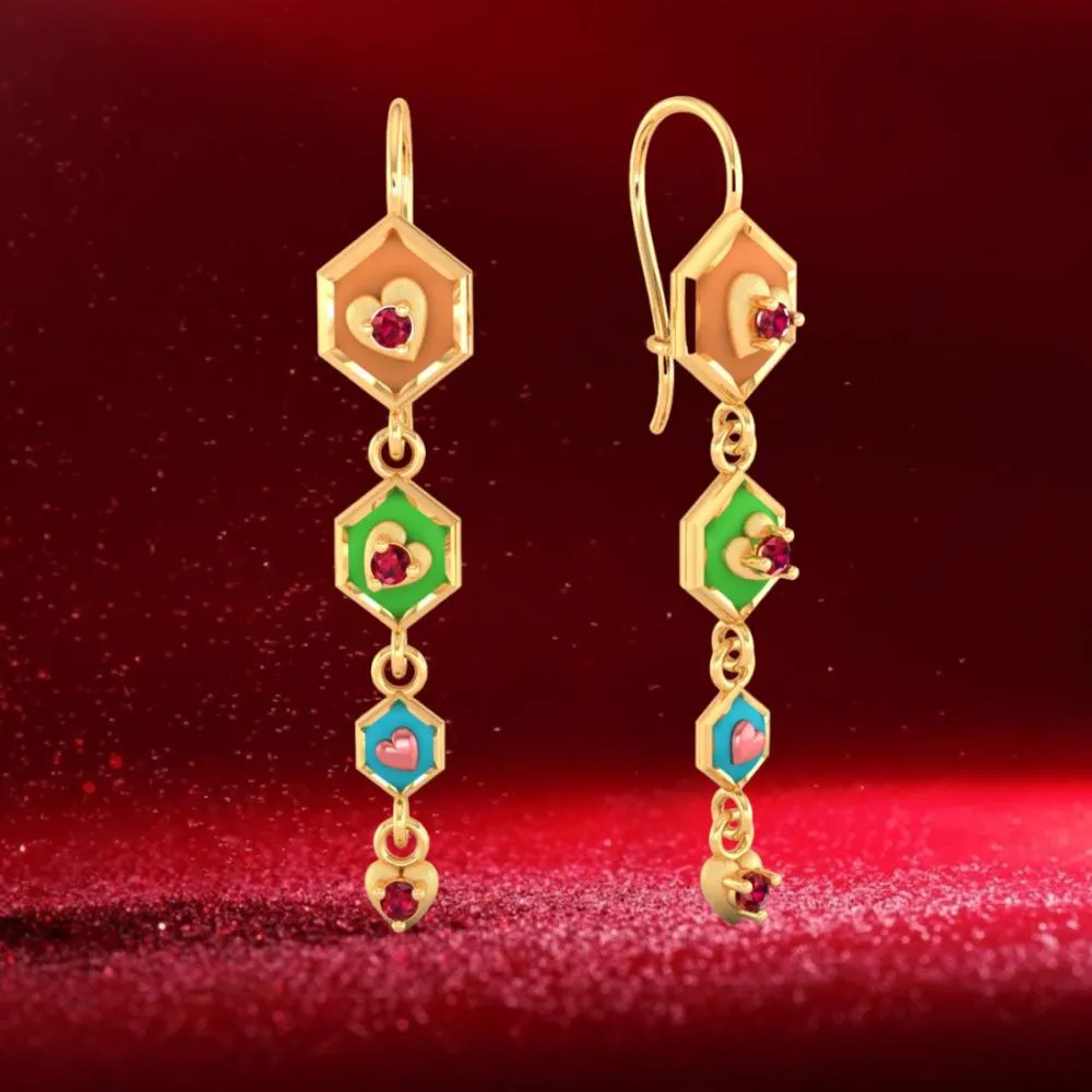 18k Gold Earrings With Hexagonal Shapes And A Heart Drop