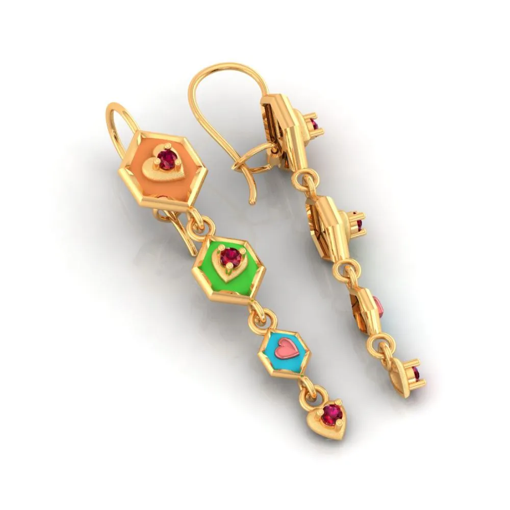 18k Gold Earrings With Hexagonal Shapes And A Heart Drop