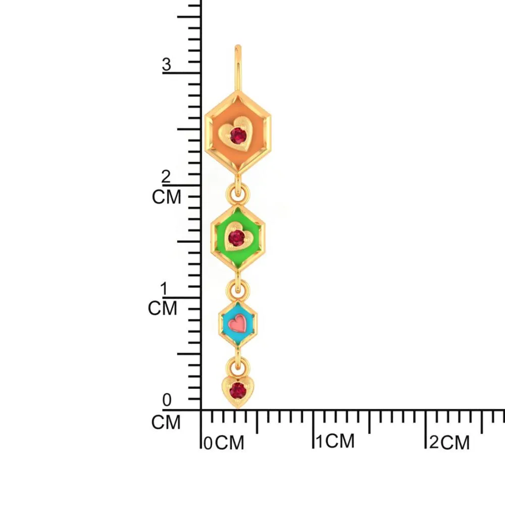 18k Gold Earrings With Hexagonal Shapes And A Heart Drop