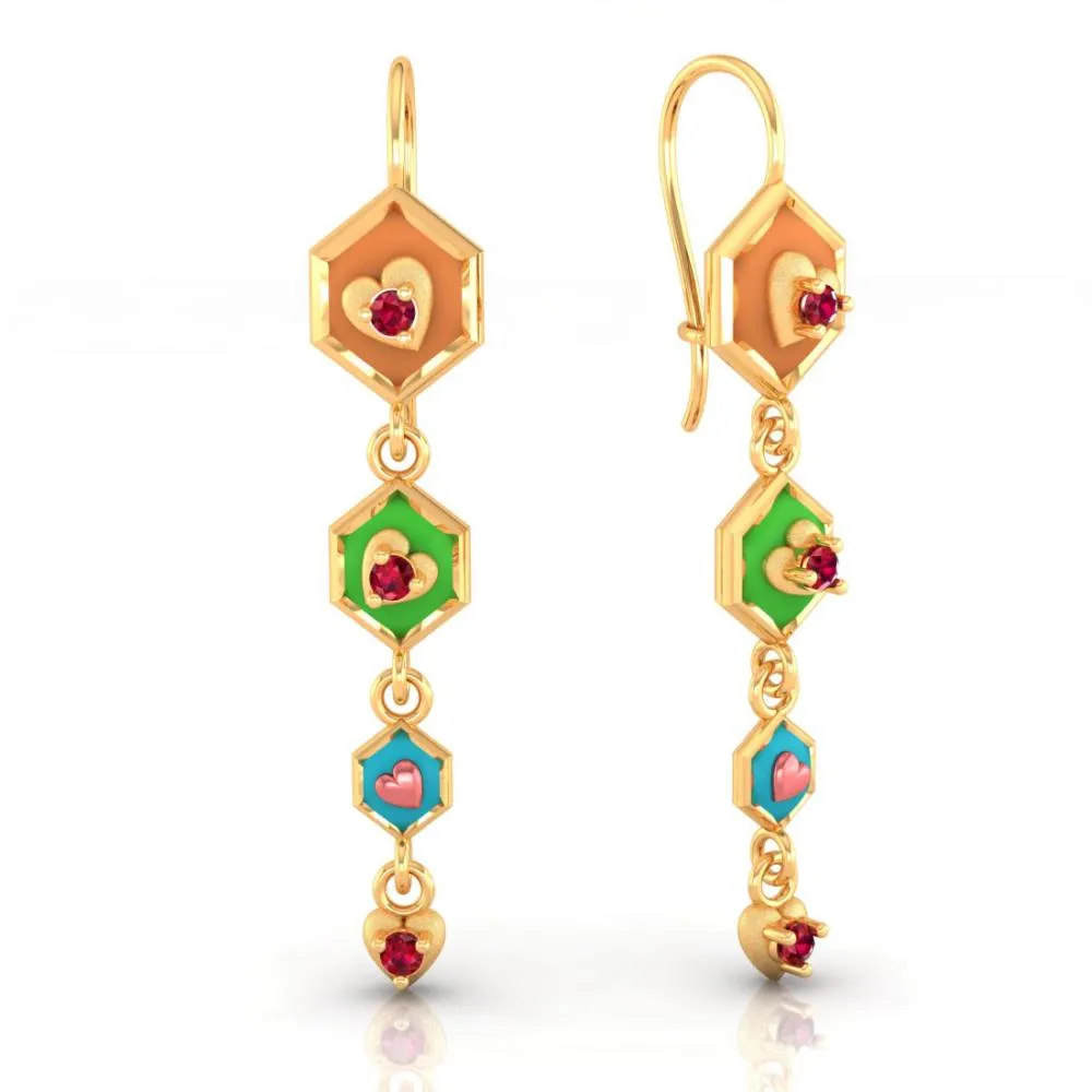 18k Gold Earrings With Hexagonal Shapes And A Heart Drop