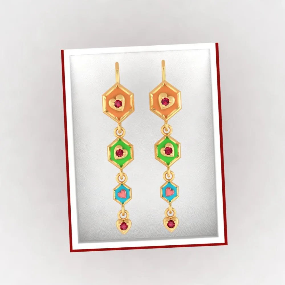 18k Gold Earrings With Hexagonal Shapes And A Heart Drop