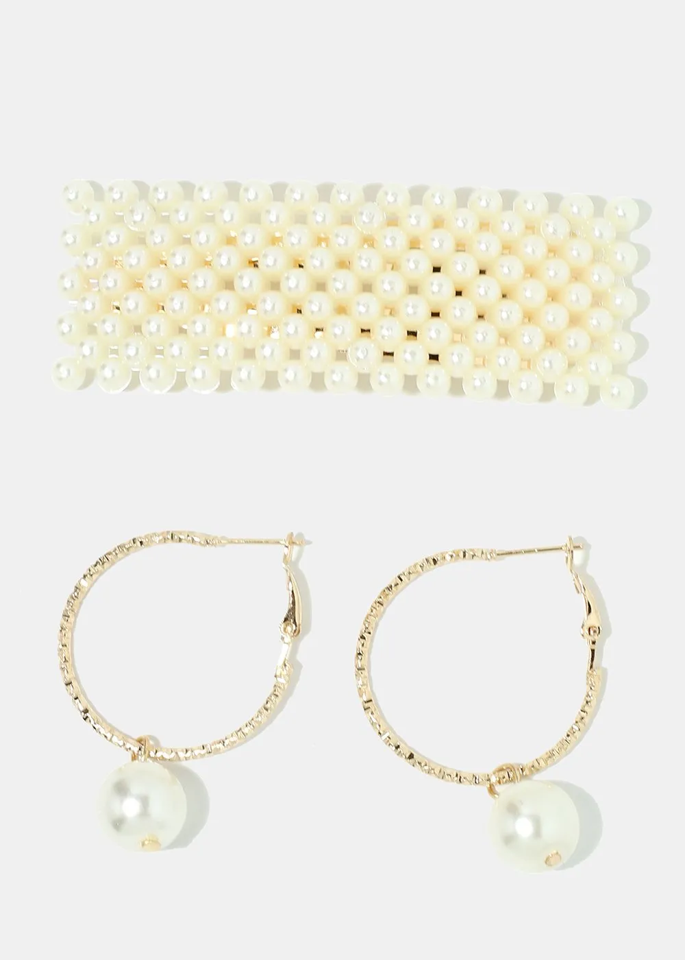 2-Piece Pearl Hair Clip & Hoop Earrings Set