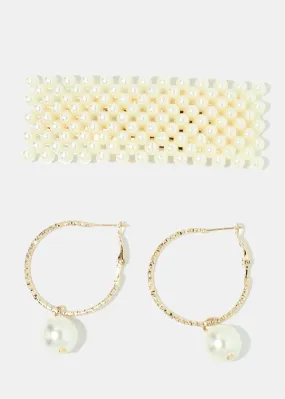 2-Piece Pearl Hair Clip & Hoop Earrings Set