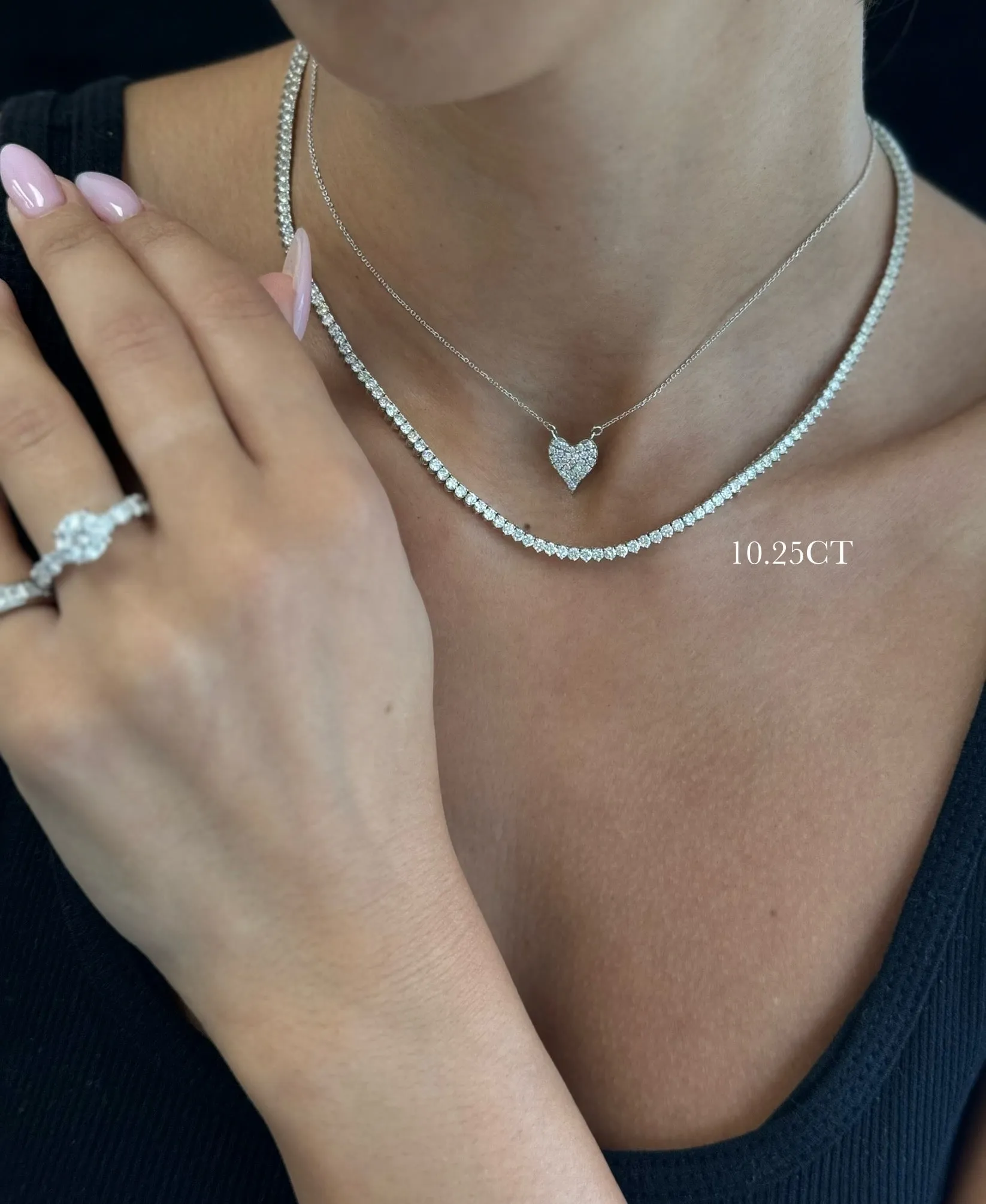 3 Prong Natural Diamond Tennis Necklace - Martini Style 18K Solid Gold
