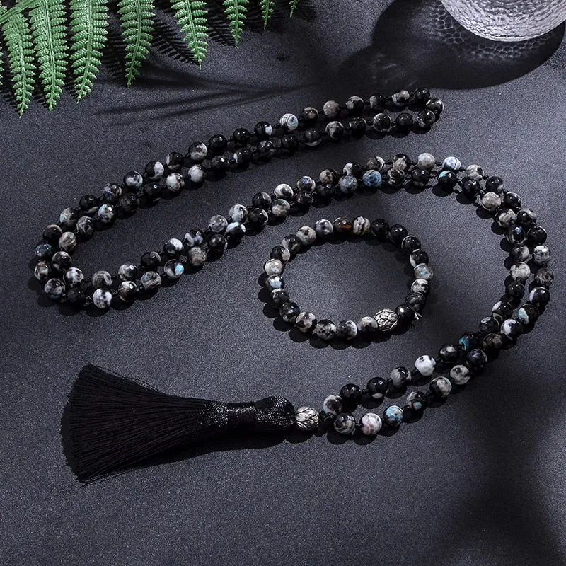 8mm Black Fire Onyx 108 Japamala Beaded Knotted Necklace