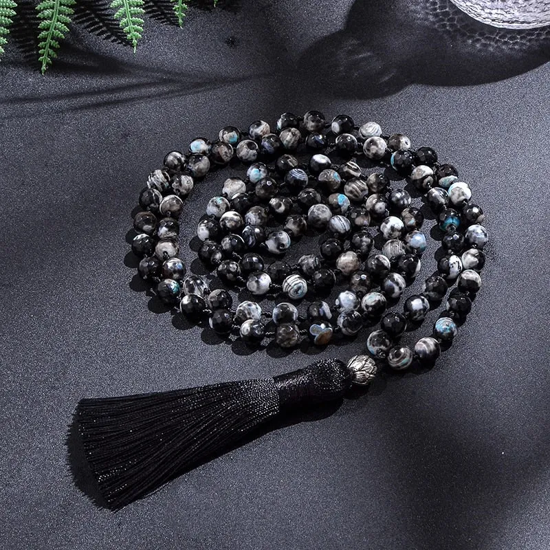 8mm Black Fire Onyx 108 Japamala Beaded Knotted Necklace