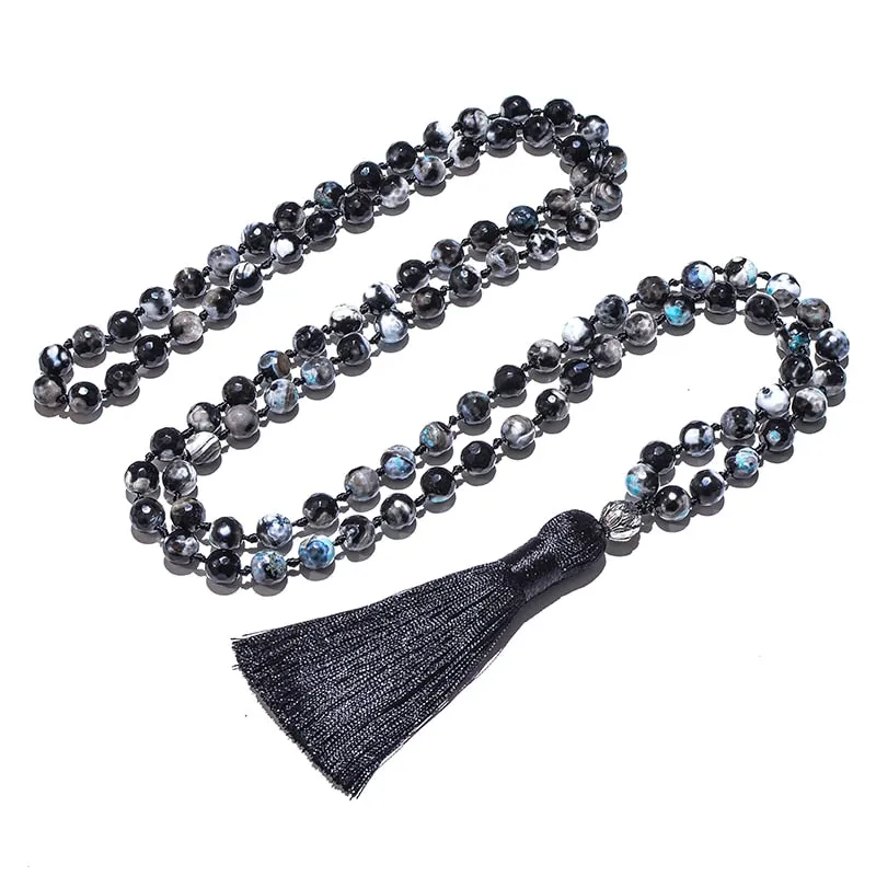 8mm Black Fire Onyx 108 Japamala Beaded Knotted Necklace