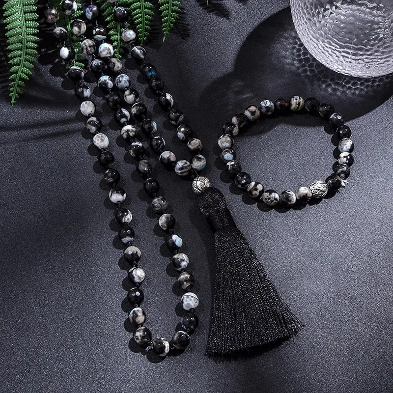 8mm Black Fire Onyx 108 Japamala Beaded Knotted Necklace