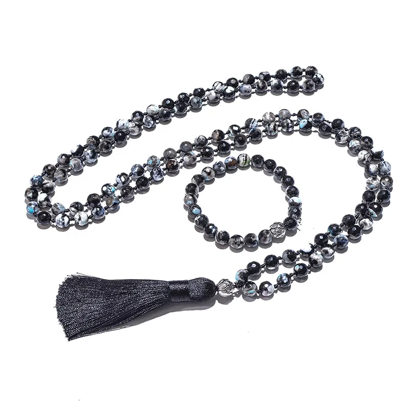 8mm Black Fire Onyx 108 Japamala Beaded Knotted Necklace