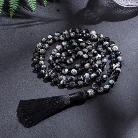 8mm Black Fire Onyx 108 Japamala Beaded Knotted Necklace