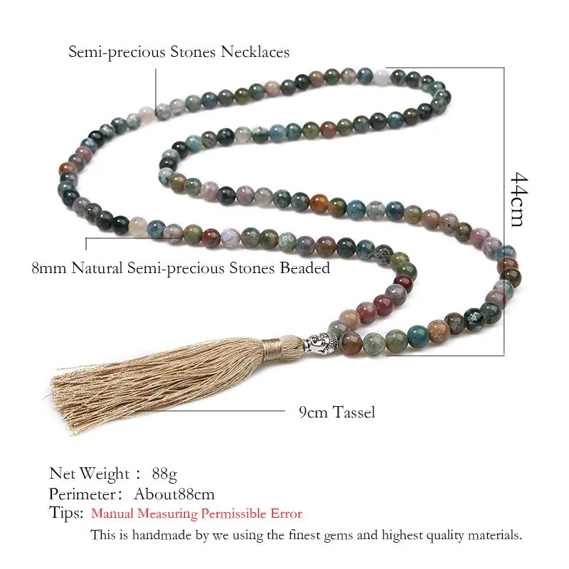 8mm Natural Indian Agate Beaded Buddha Head Necklace
