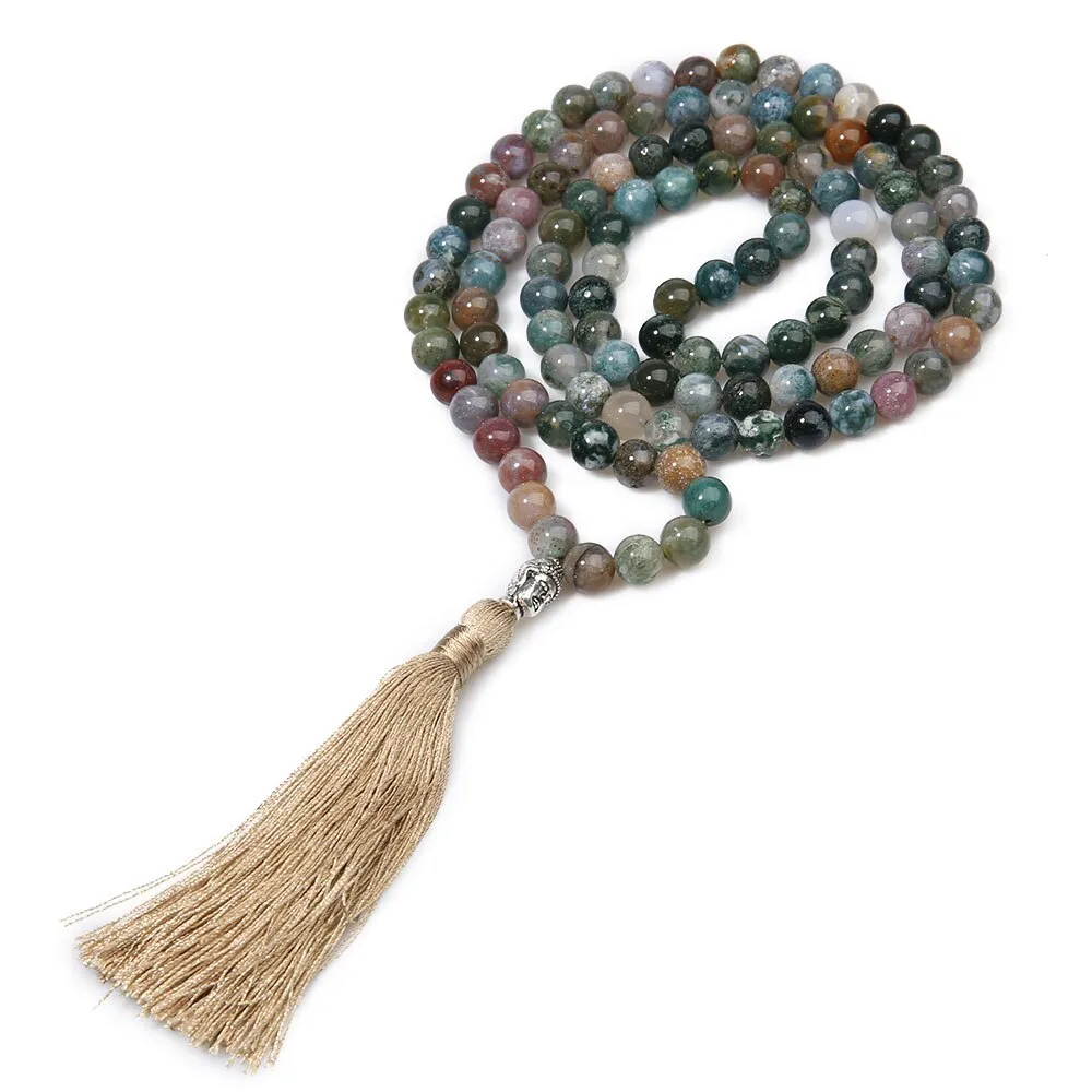 8mm Natural Indian Agate Beaded Buddha Head Necklace