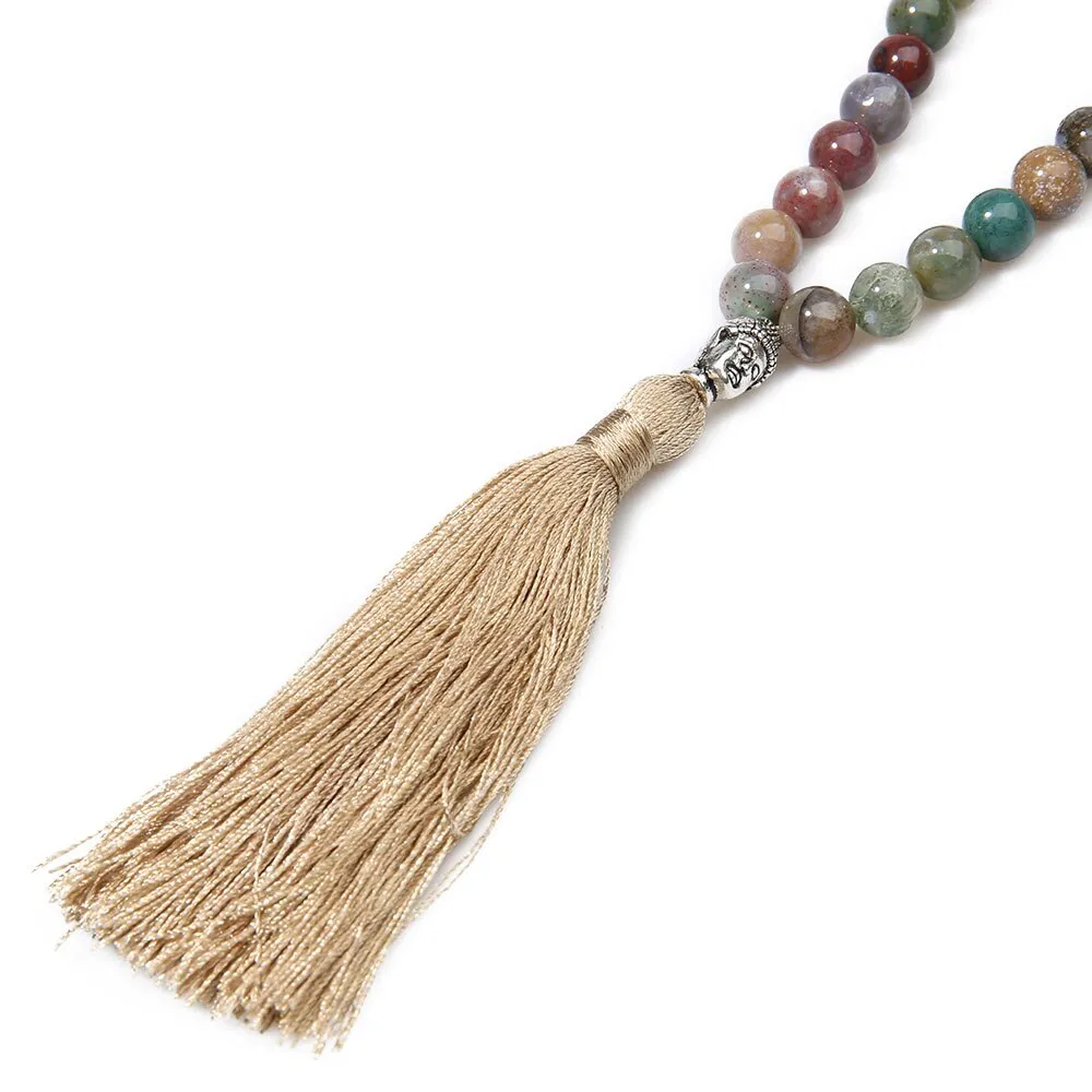 8mm Natural Indian Agate Beaded Buddha Head Necklace
