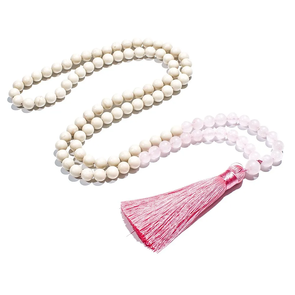 8mm White Fossil Rose Quartz Beaded 108 Mala Necklace