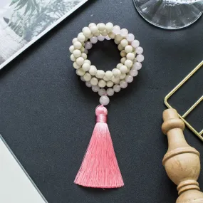 8mm White Fossil Rose Quartz Beaded 108 Mala Necklace