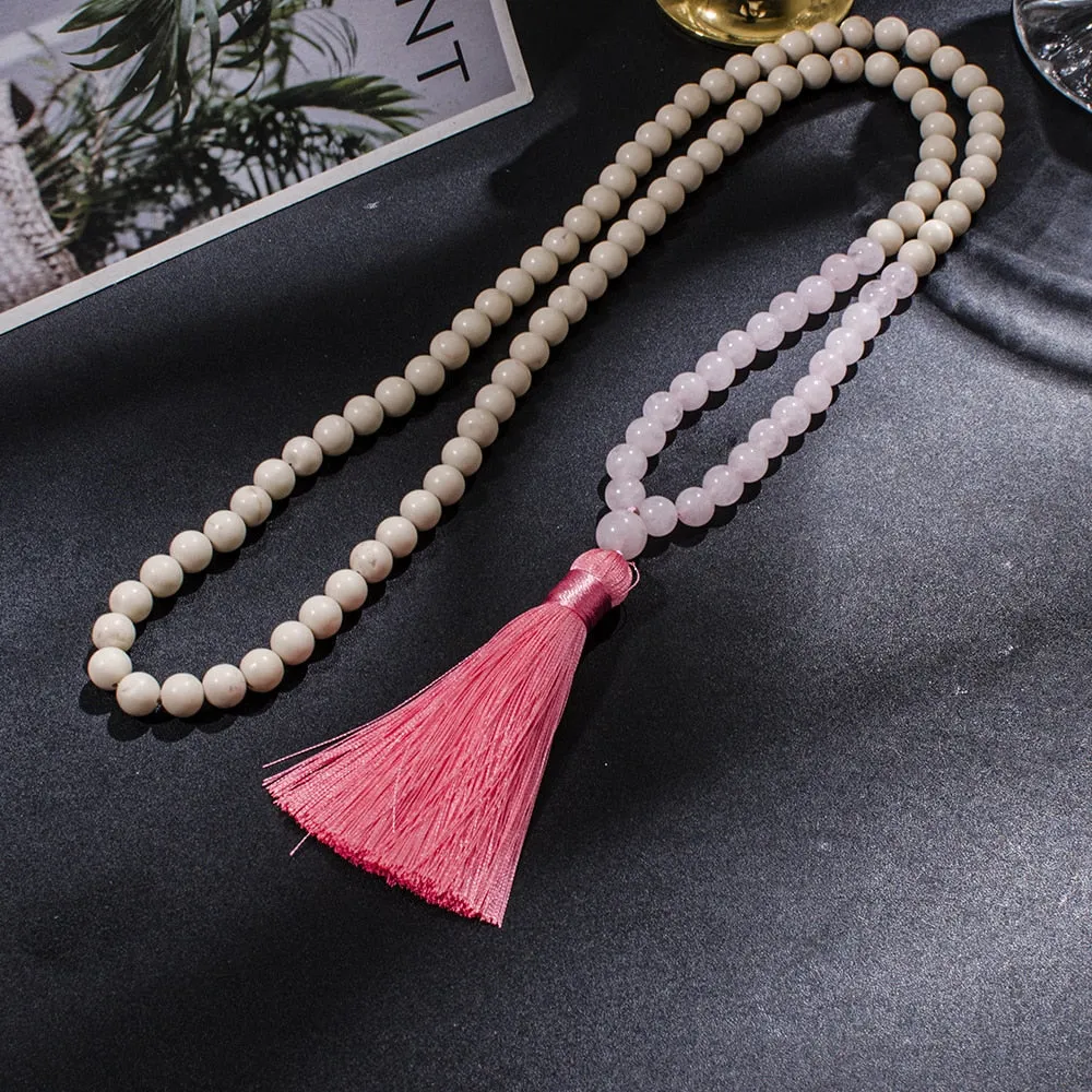 8mm White Fossil Rose Quartz Beaded 108 Mala Necklace