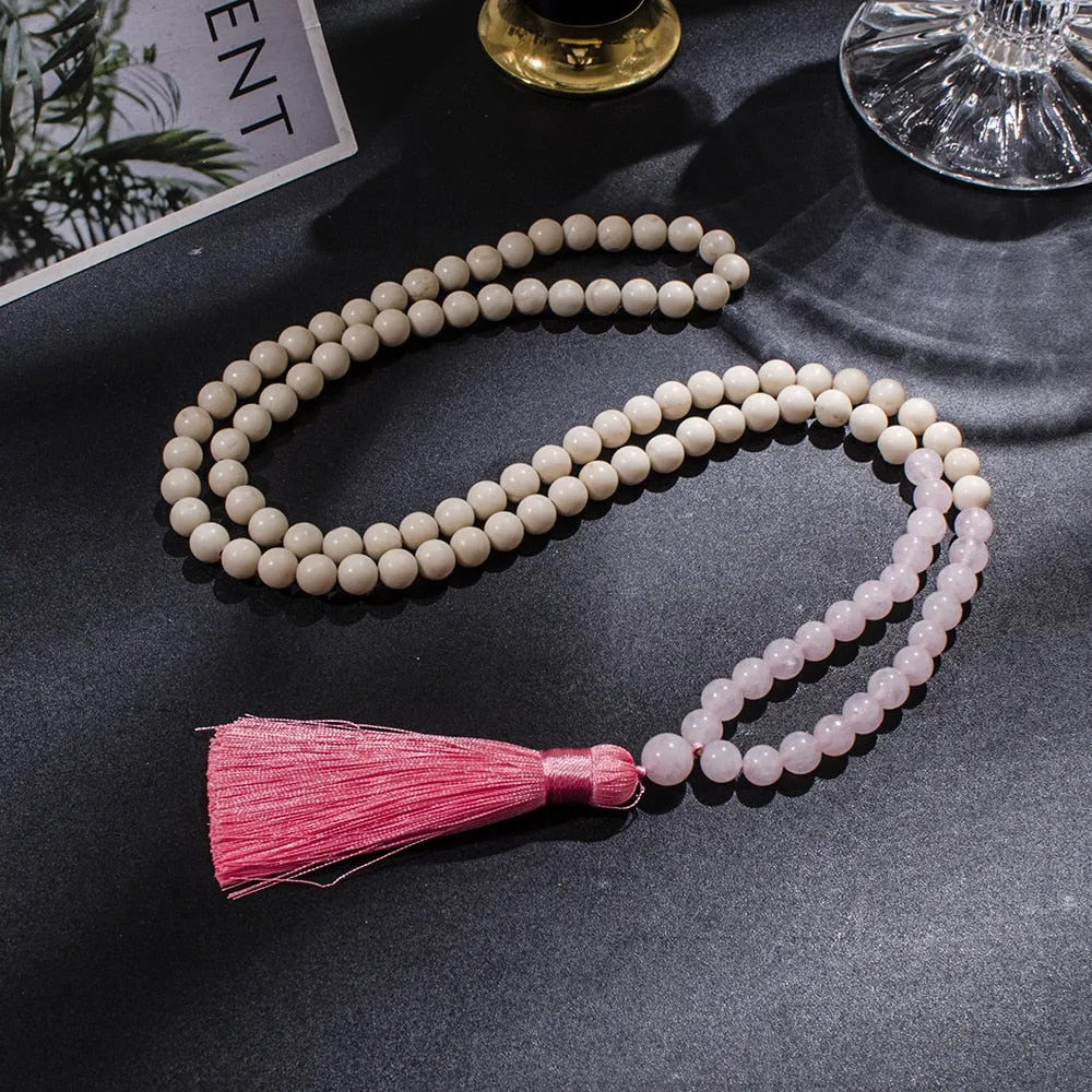 8mm White Fossil Rose Quartz Beaded 108 Mala Necklace