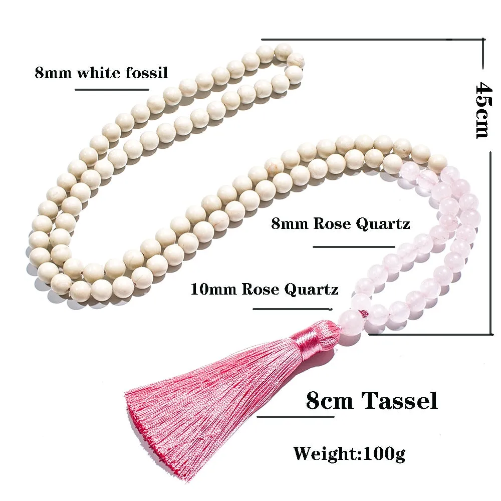 8mm White Fossil Rose Quartz Beaded 108 Mala Necklace