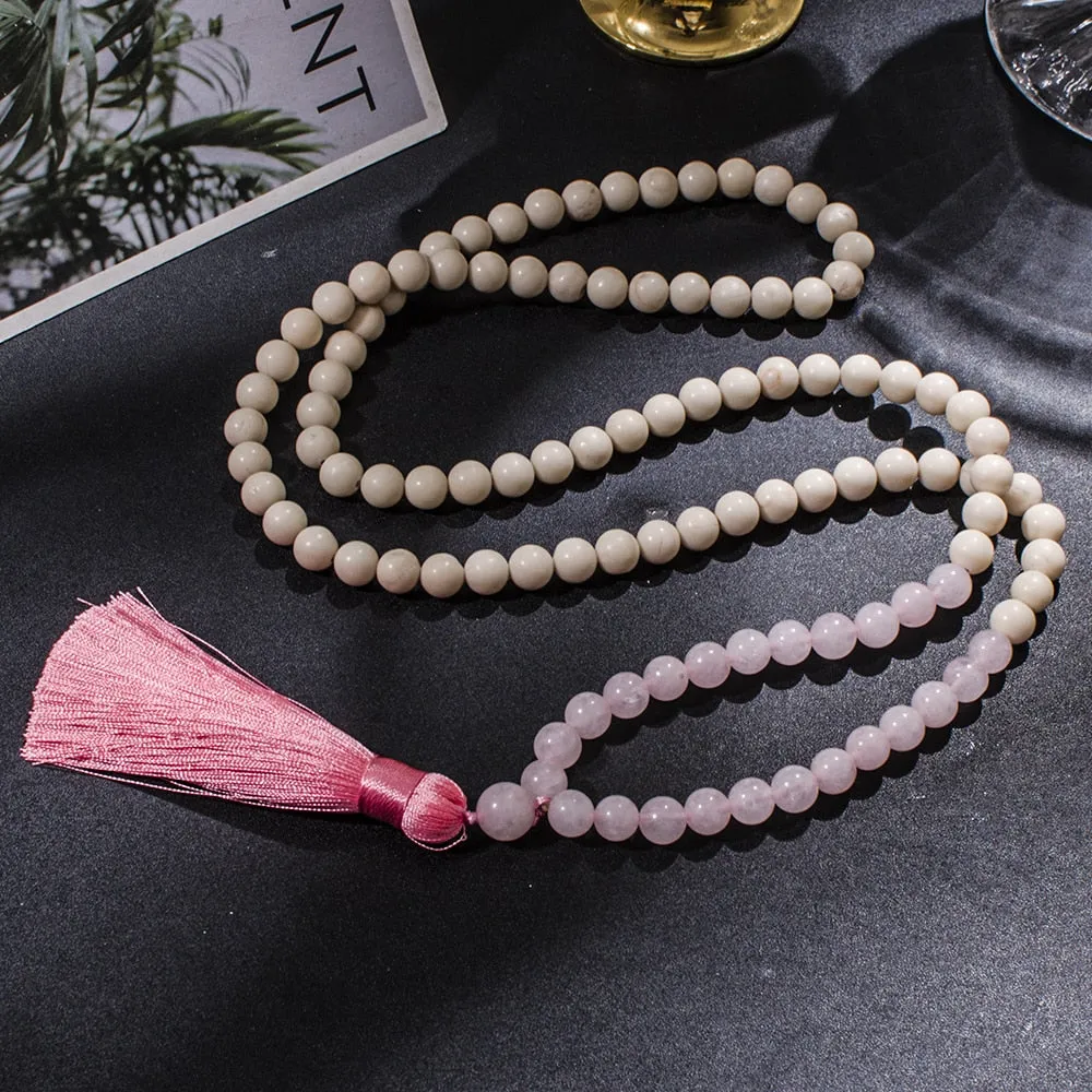 8mm White Fossil Rose Quartz Beaded 108 Mala Necklace