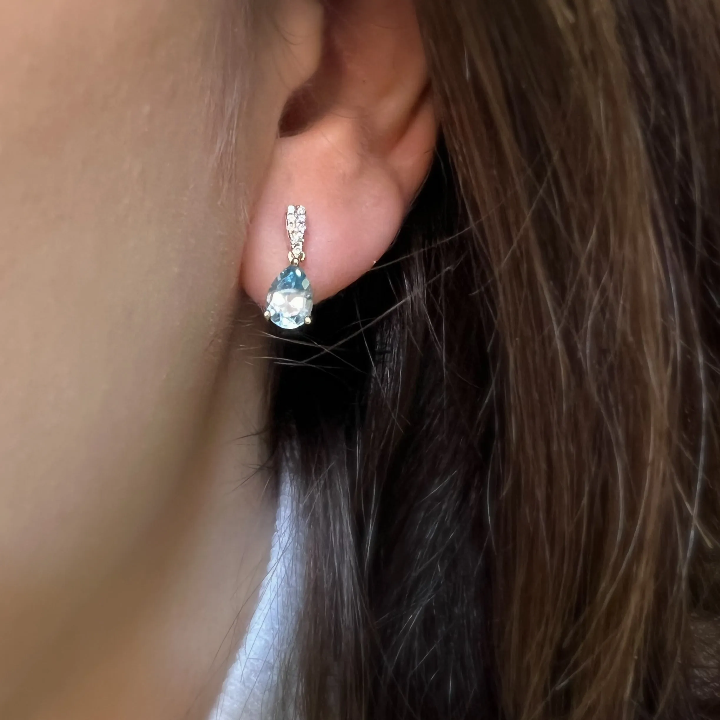 9ct Yellow Gold 1.72ct Pear Cut Blue Topaz and Diamond Drop Earrings
