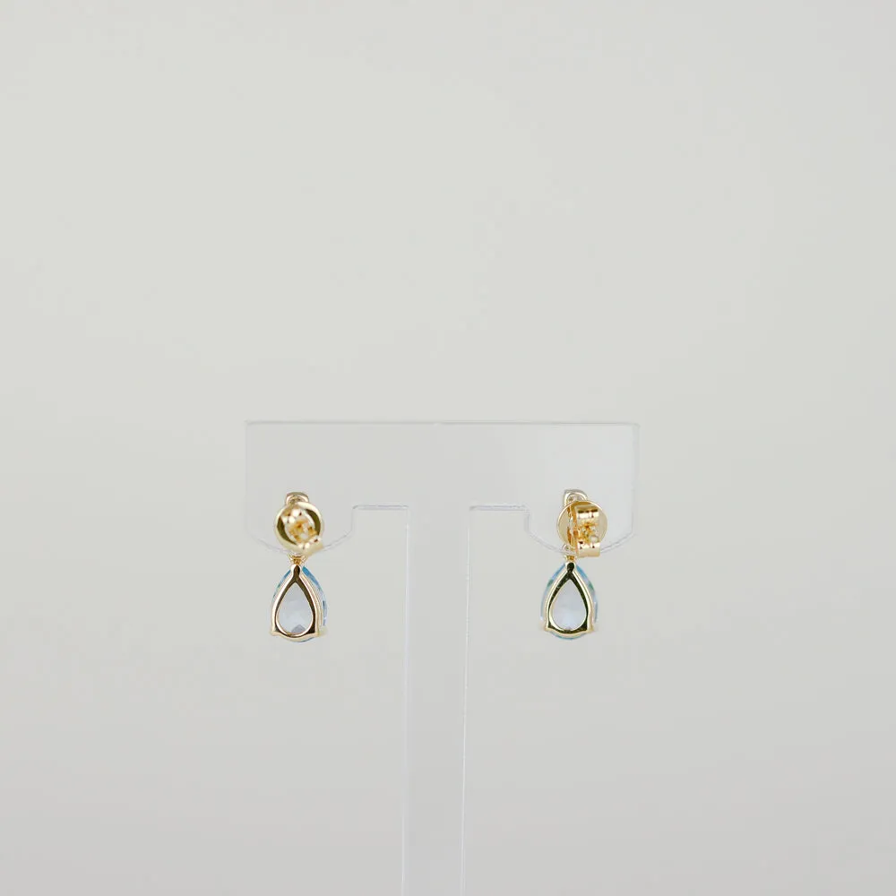 9ct Yellow Gold 1.72ct Pear Cut Blue Topaz and Diamond Drop Earrings