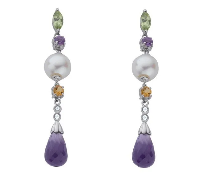 9K White Gold Diamond, Amethyst, Citrine & Pearl Drop Earrings
