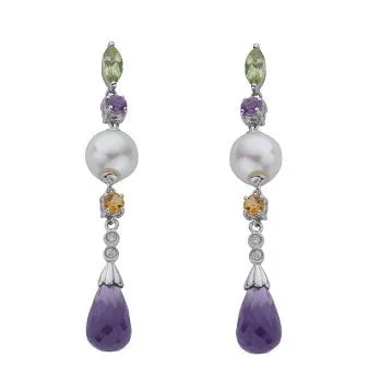 9K White Gold Diamond, Amethyst, Citrine & Pearl Drop Earrings