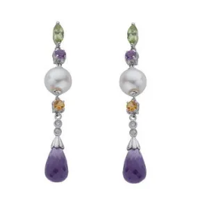 9K White Gold Diamond, Amethyst, Citrine & Pearl Drop Earrings