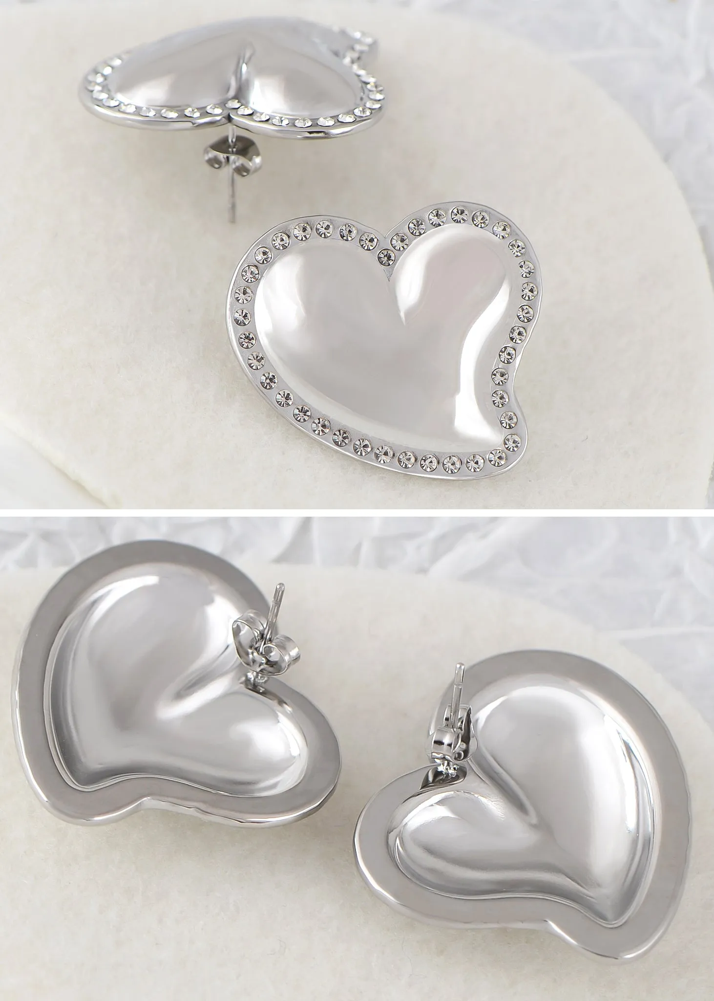 Alilang Stainless Steel Sparkly Clear Crystal Rhinestones Heart Stud Earrings Geometric Chunky Earrings