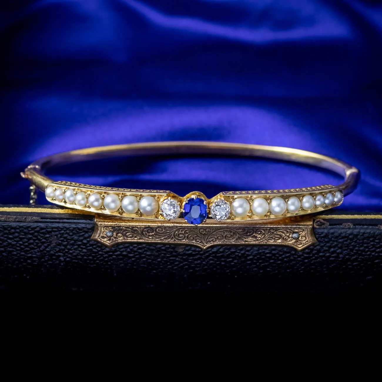 Antique Victorian Sapphire Diamond Pearl Bangle 15ct Gold