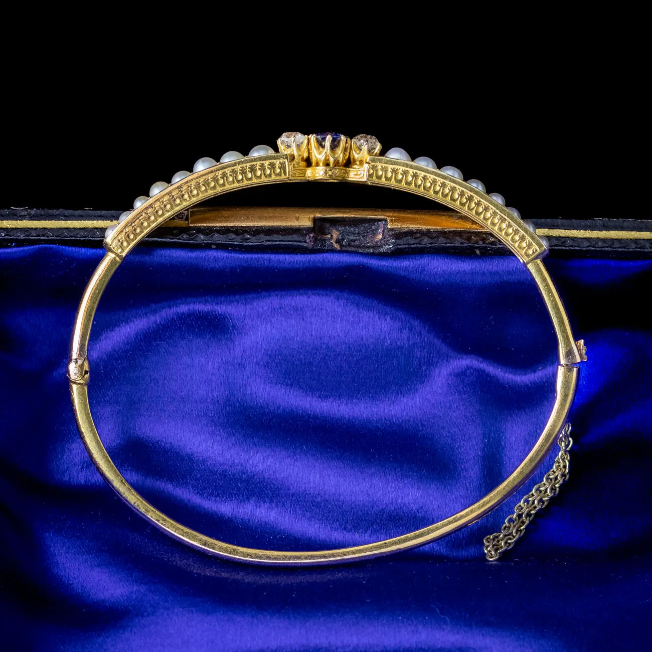 Antique Victorian Sapphire Diamond Pearl Bangle 15ct Gold