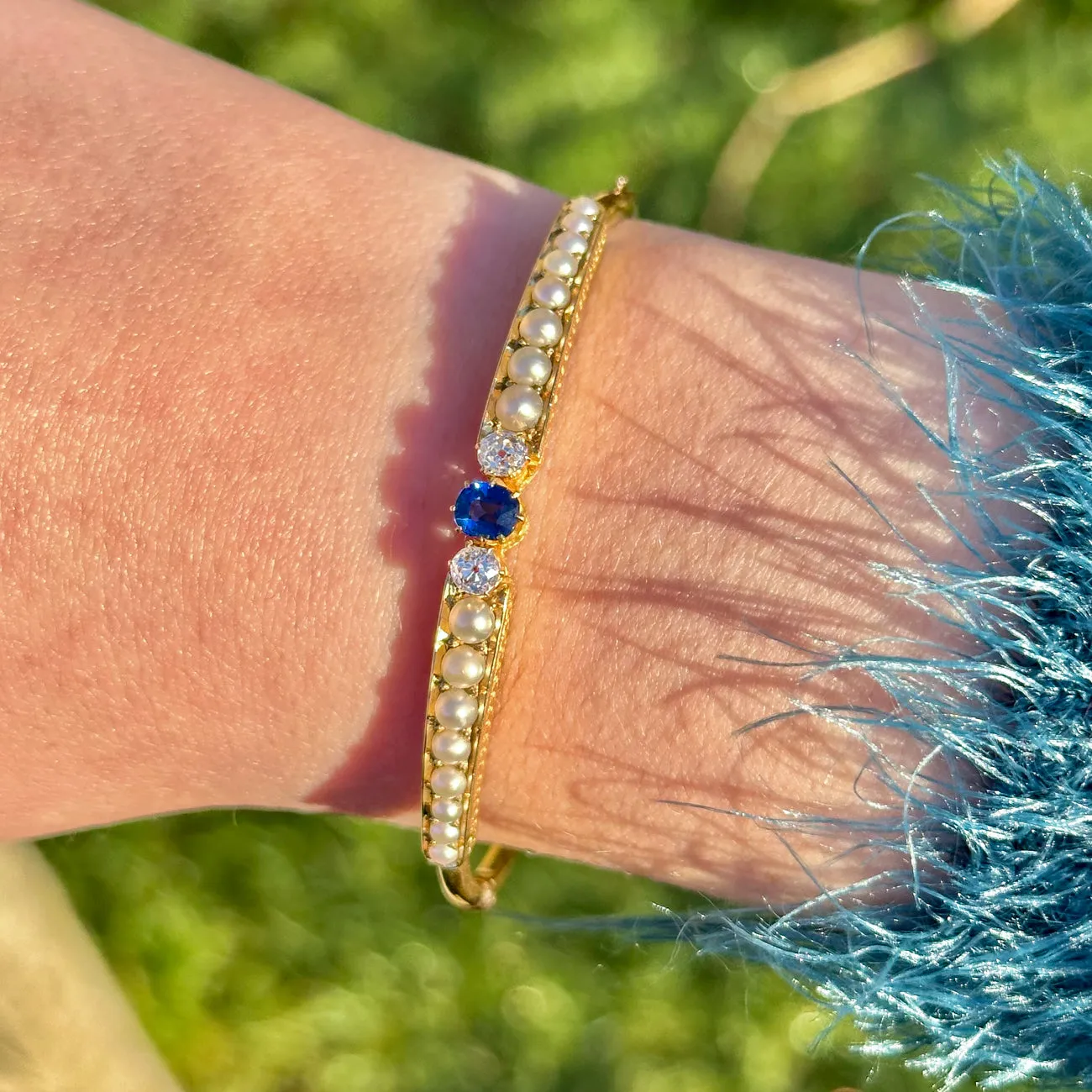 Antique Victorian Sapphire Diamond Pearl Bangle 15ct Gold